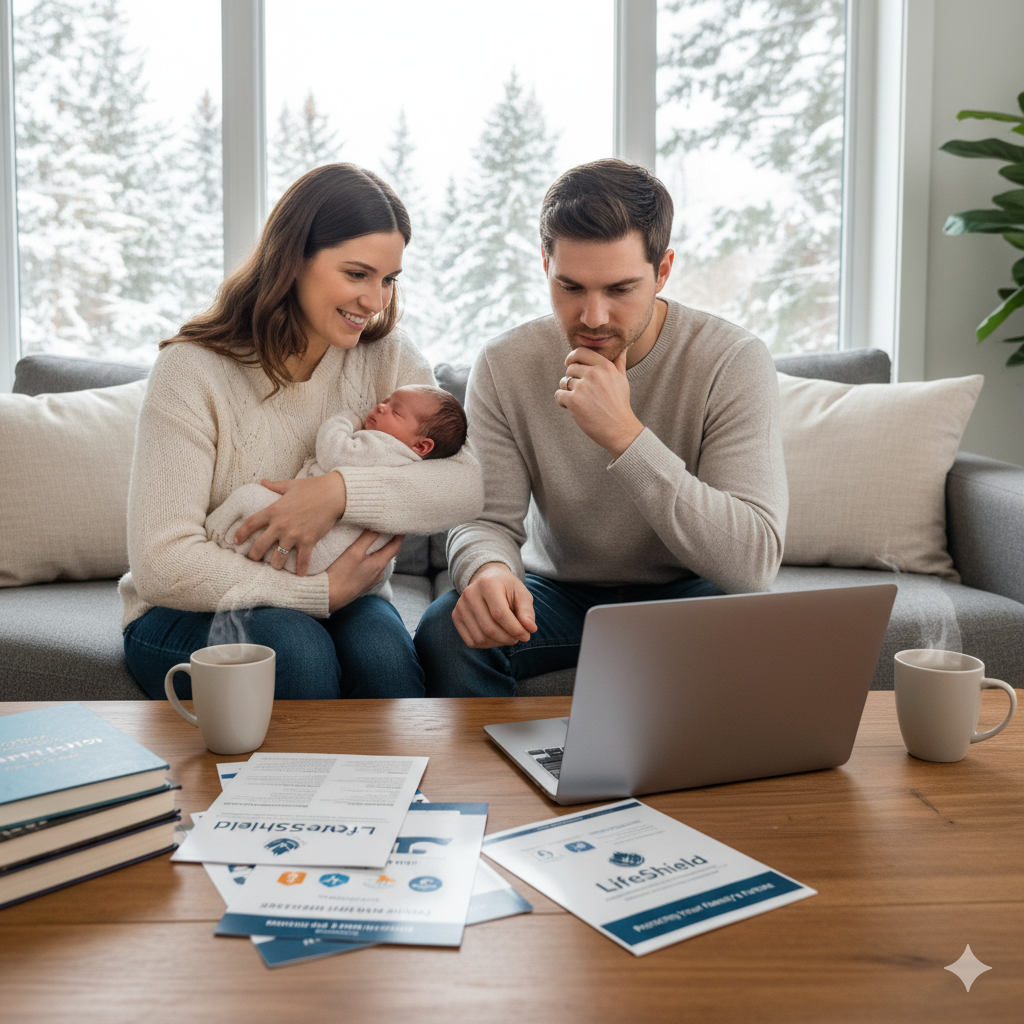 Couple with baby looking at a laptop, surrounded by documents, in a snowy setting.