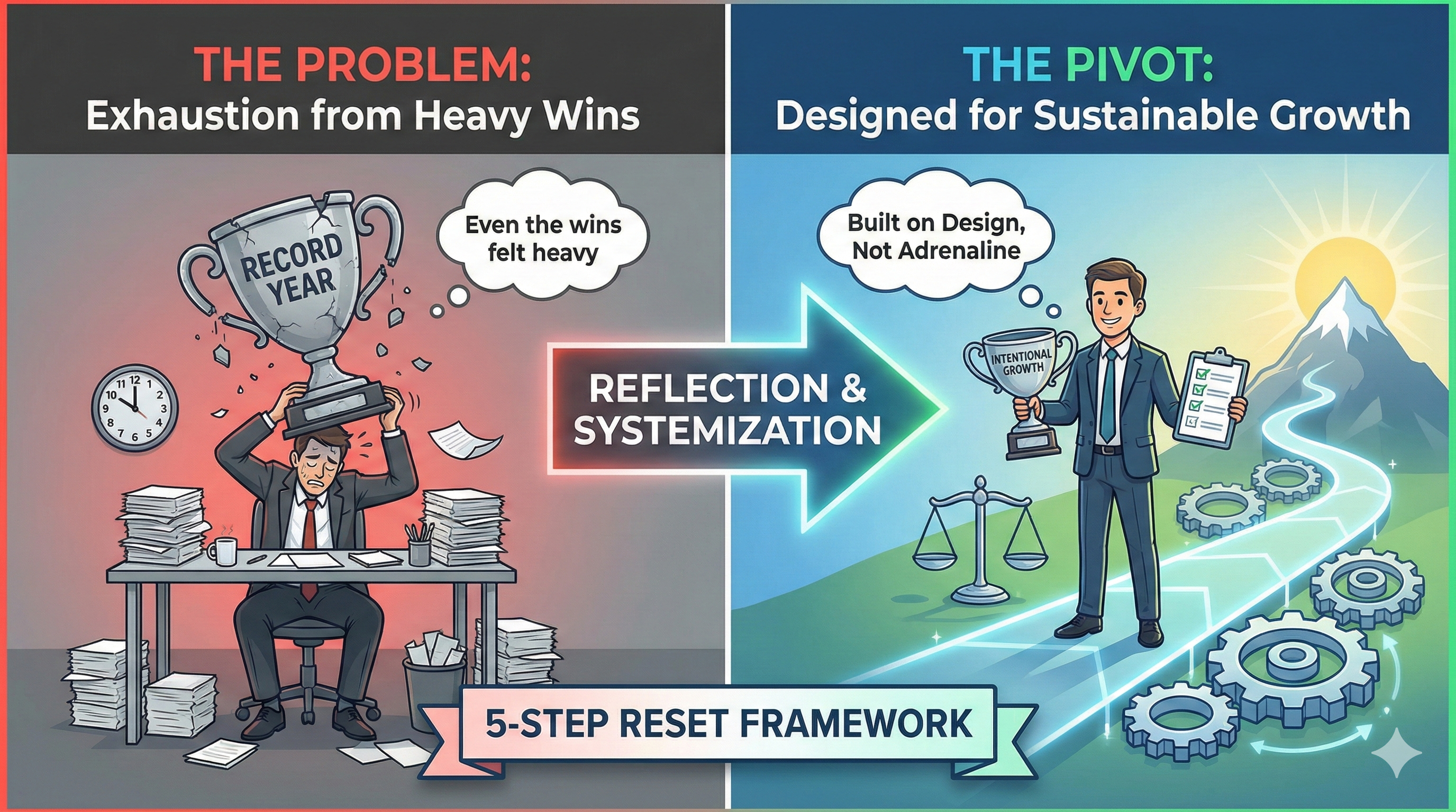 Cartoon comparing stress of overwork with successful, sustainable growth plan.