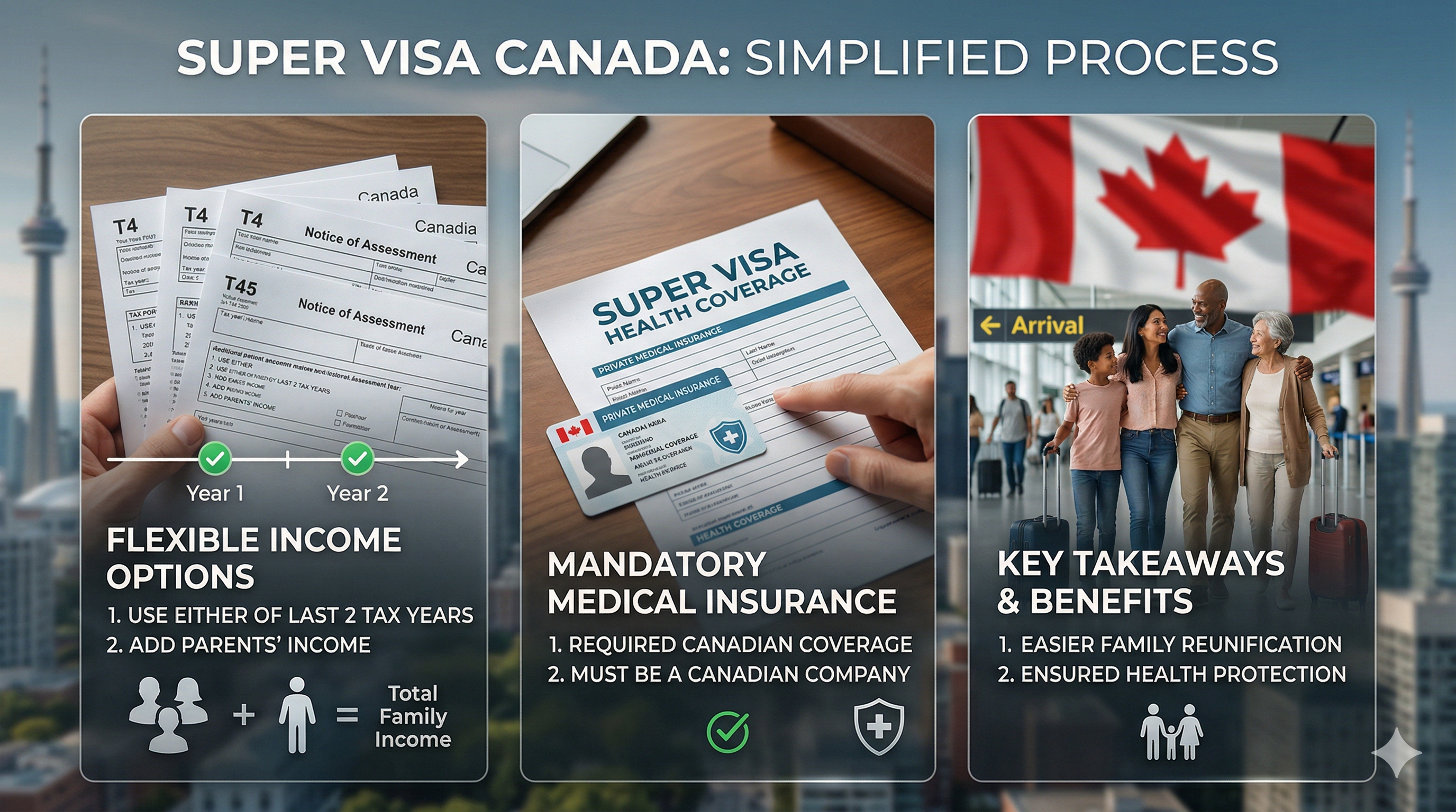 Super Visa Canada steps: income options, medical insurance, key benefits.