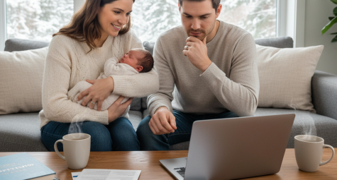 Couple with baby looking at a laptop, surrounded by documents, in a snowy setting.