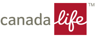 Canada Life logo, gray text and red background with white script.