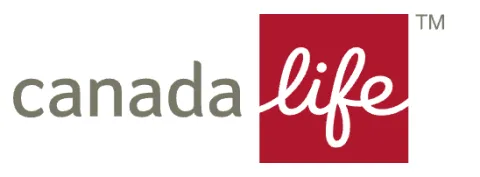 Canada Life logo, gray text and red background with white script.